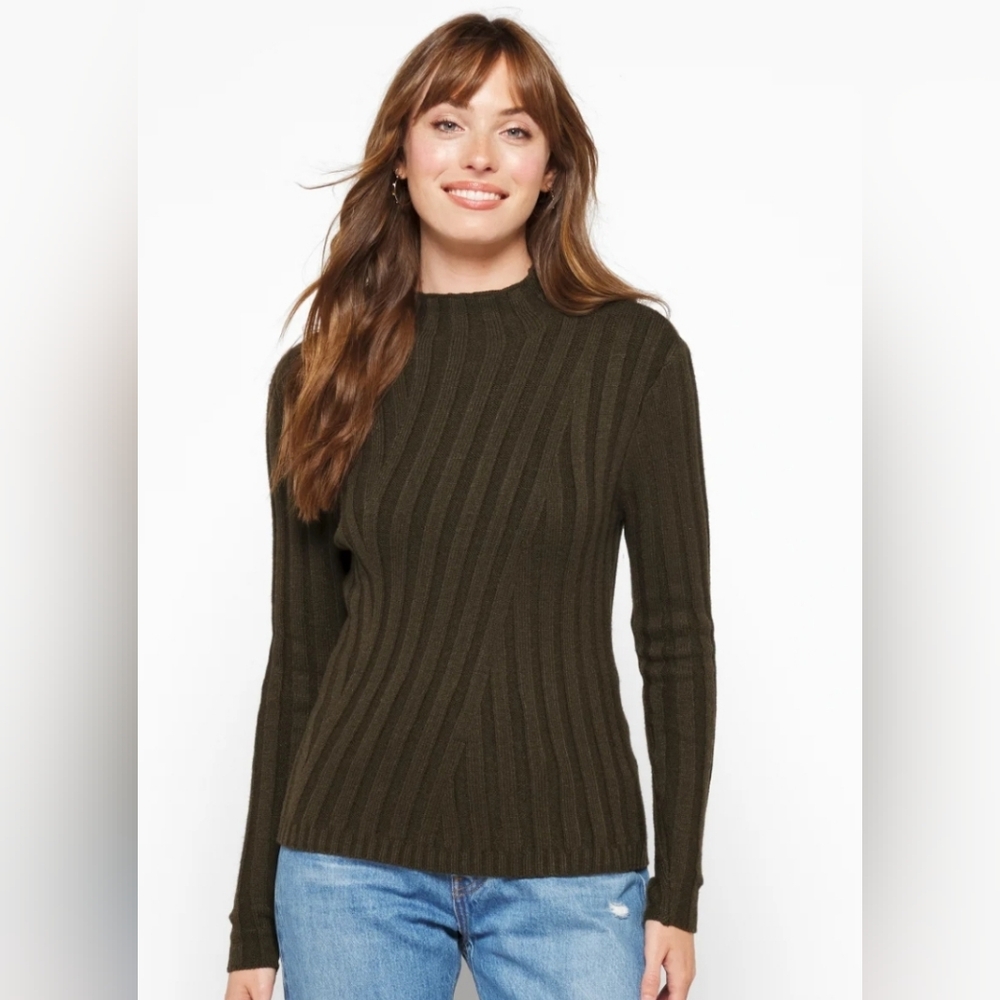 RD STYLE Petro Ribbed Mock Neck Sweater Olive Green M Medium Stretchy